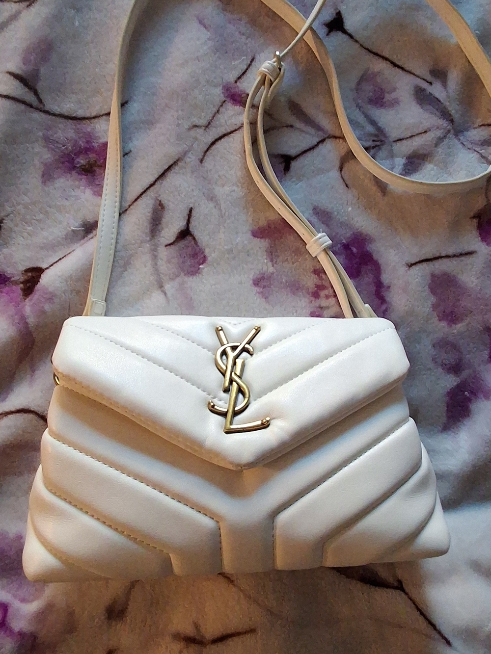White Quilted Crossbody Bag with Gold Monogram Accent